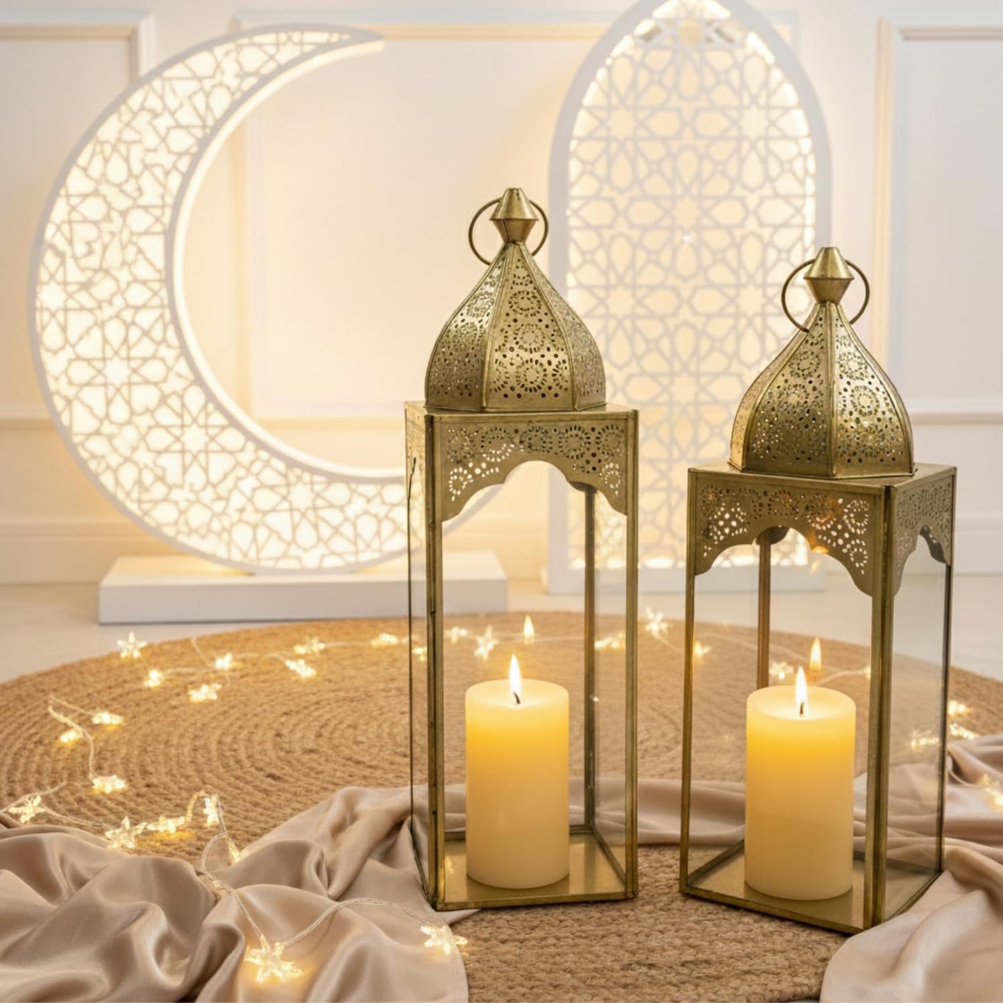 Set of 2 Arabic Ramadan Lanterns Gold Metal & Clear Glass