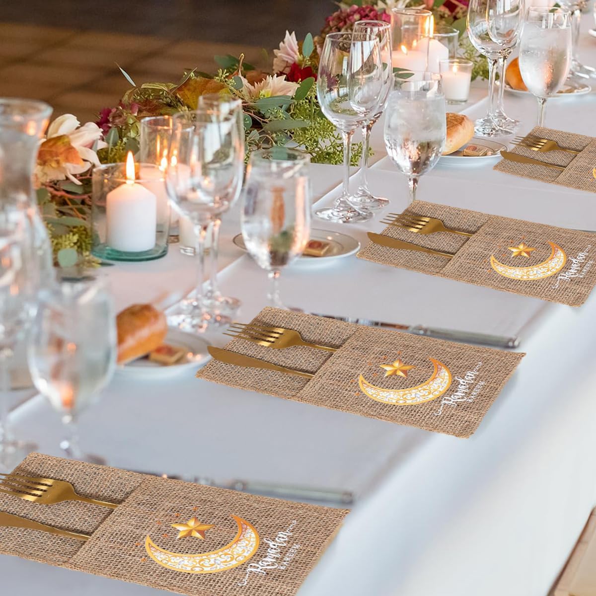 5 قطع من حقائب أدوات المائدة المصنوعة من الخيش والدانتيل الرمضاني الكريم