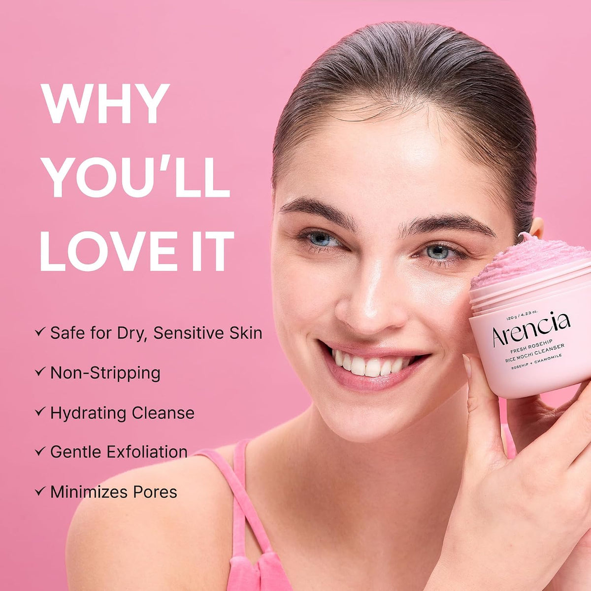 Arencia Rosehip Brightening Rice Mochi Face Cleanser & Daily Scrub Moisturizing, Exfoliating & Deep-Cleansing 120g