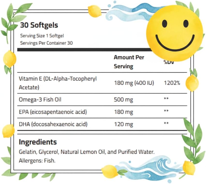 Omega-3 + Vitamin E, 500 mg Omega-3 Fish Oil, (30 Softgels)