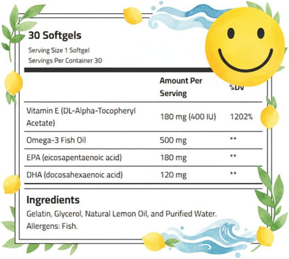 Omega-3 + Vitamin E, 500 mg Omega-3 Fish Oil, (30 Softgels)