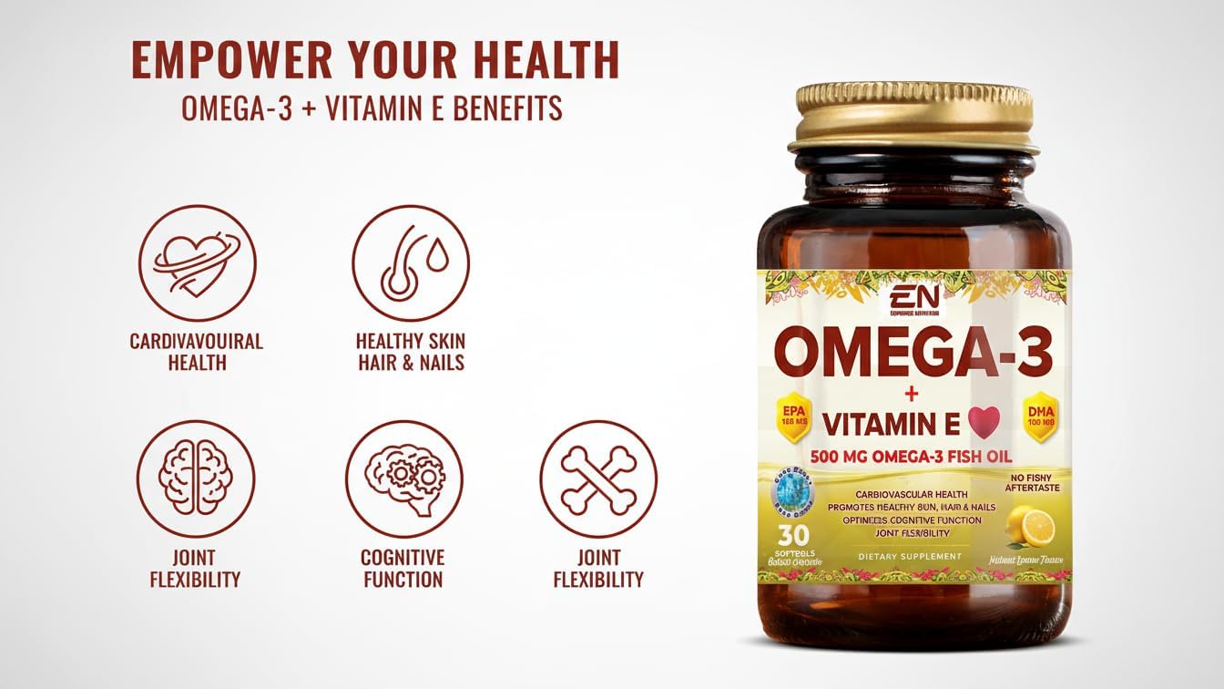 Omega-3 + Vitamin E, 500 mg Omega-3 Fish Oil, (30 Softgels)