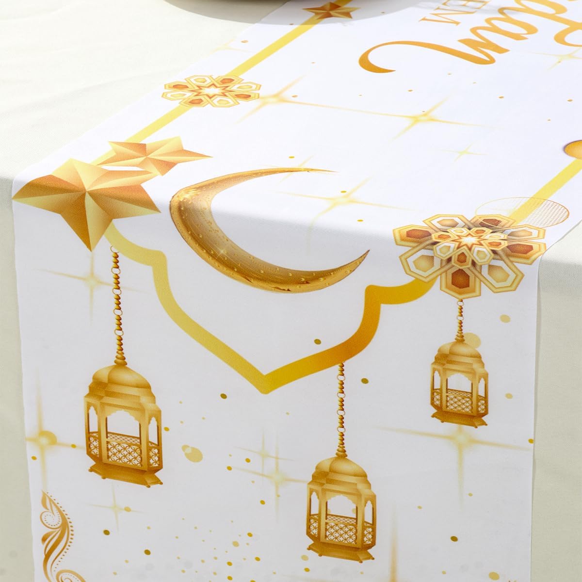 مفرش طاولة، زينة رمضان كريم باللونين الأبيض والذهبي 