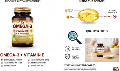 Omega-3 + Vitamin E, 500 mg Omega-3 Fish Oil, (30 Softgels)