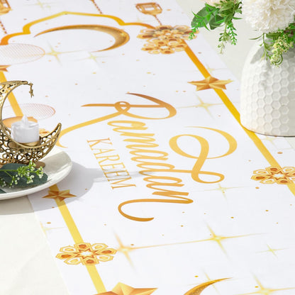 مفرش طاولة، زينة رمضان كريم باللونين الأبيض والذهبي 