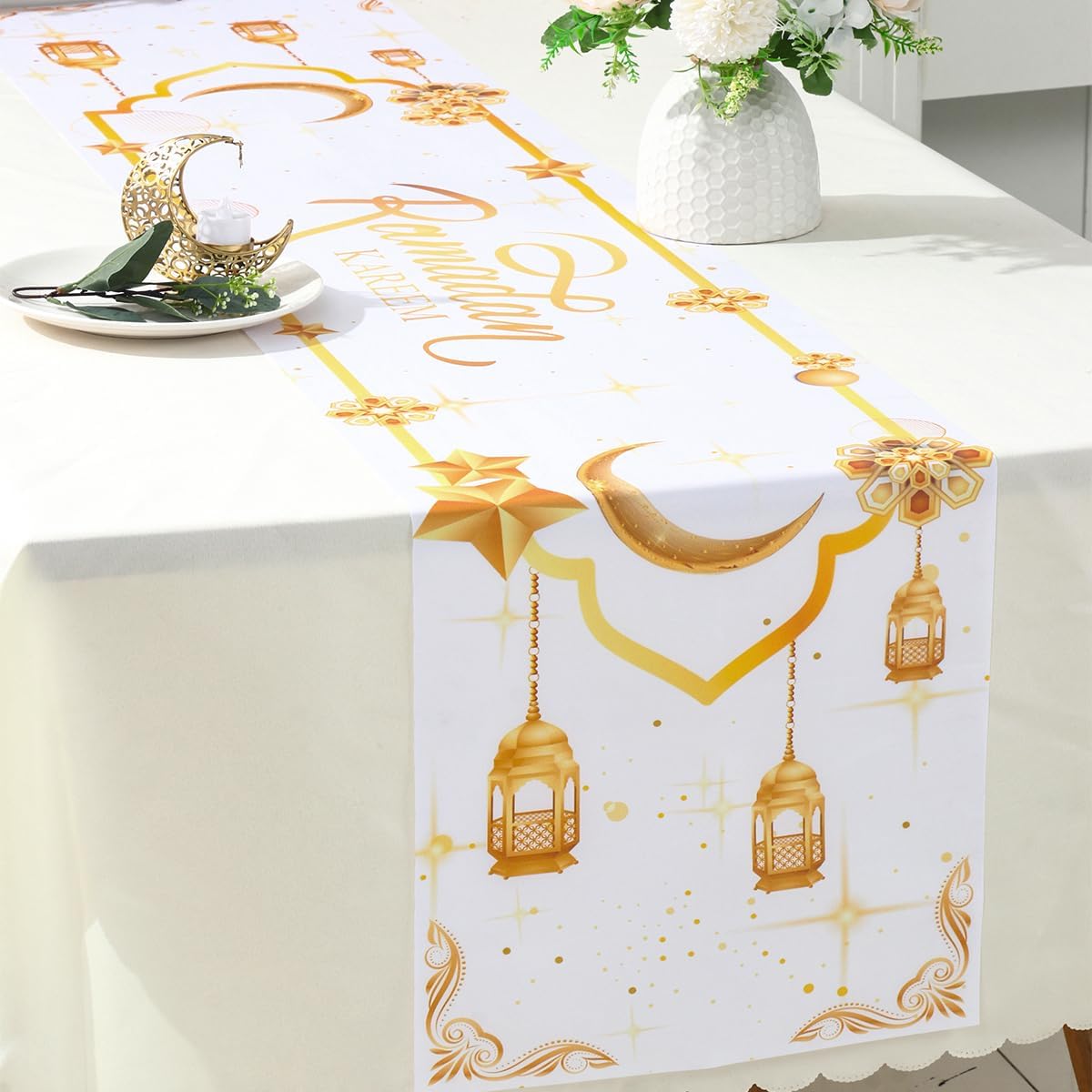 مفرش طاولة، زينة رمضان كريم باللونين الأبيض والذهبي 