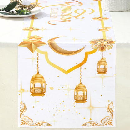 مفرش طاولة، زينة رمضان كريم باللونين الأبيض والذهبي 