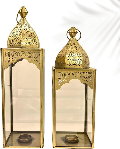 Set of 2 Arabic Ramadan Lanterns Gold Metal & Clear Glass