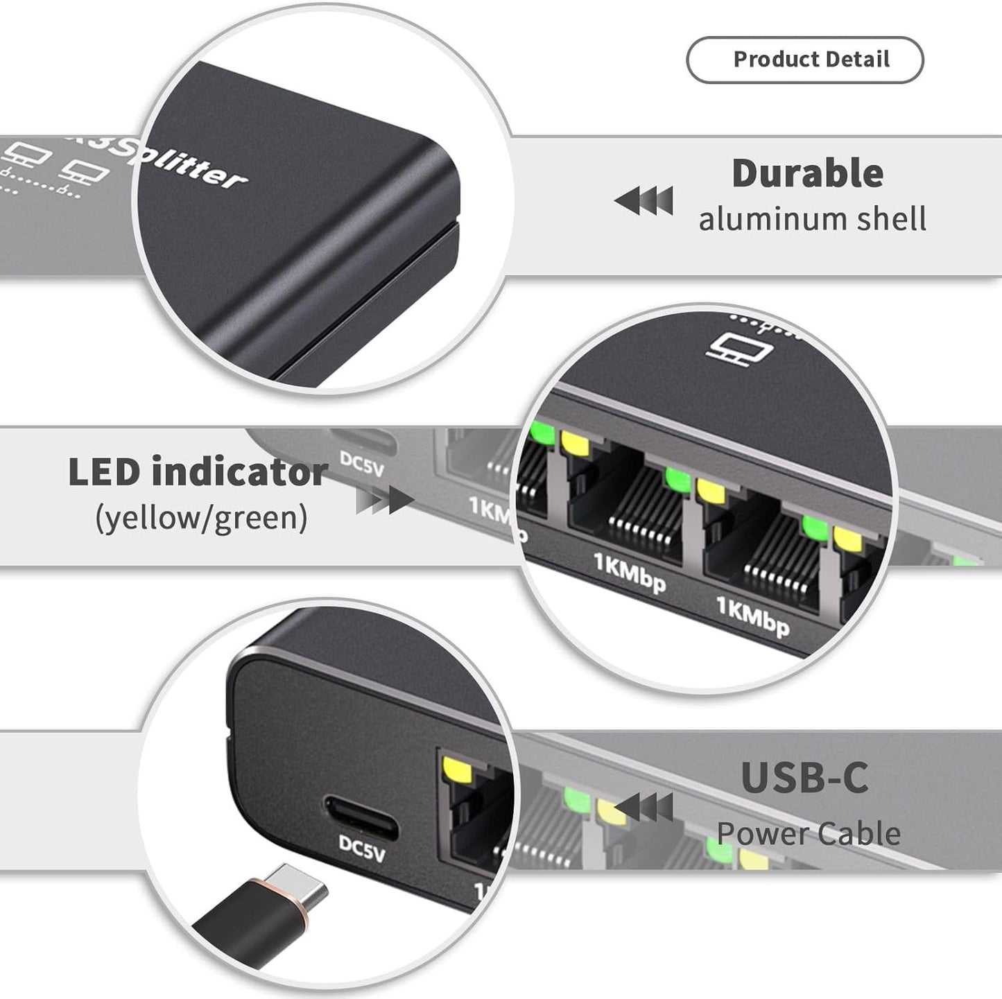 Gigabit Ethernet Splitter 1 to 3, 1000Mbps