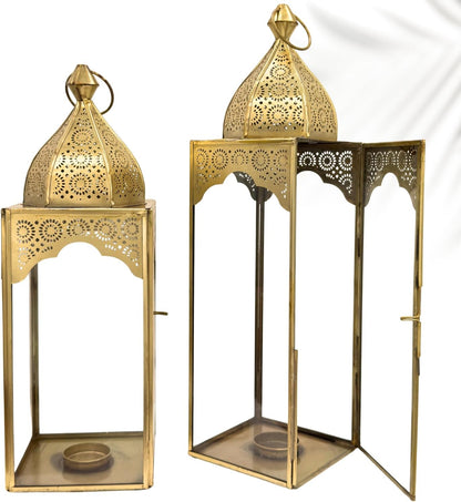 Set of 2 Arabic Ramadan Lanterns Gold Metal & Clear Glass