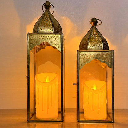 Set of 2 Arabic Ramadan Lanterns Gold Metal & Clear Glass