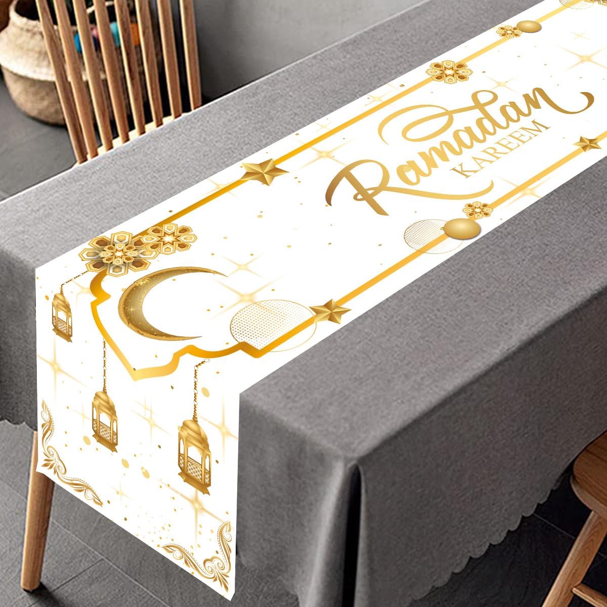 مفرش طاولة، زينة رمضان كريم باللونين الأبيض والذهبي 