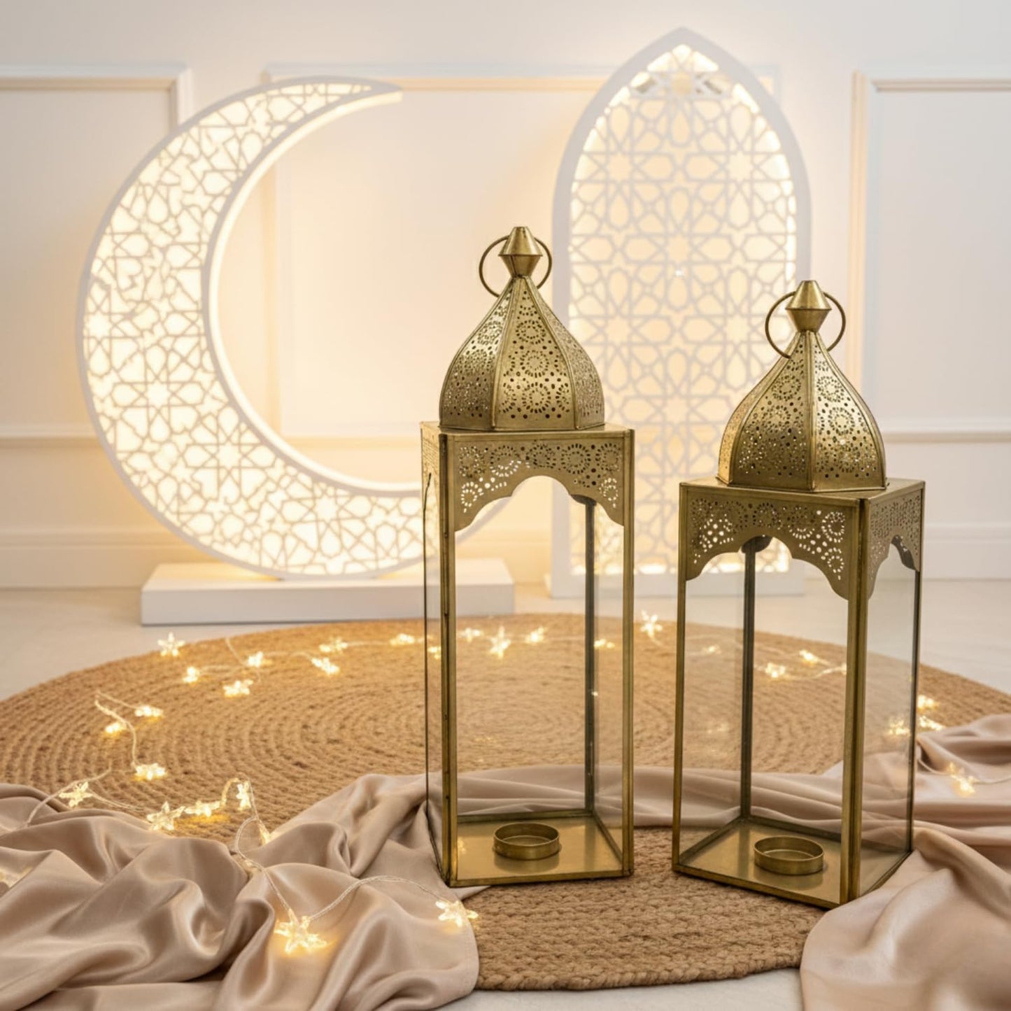 Set of 2 Arabic Ramadan Lanterns Gold Metal & Clear Glass