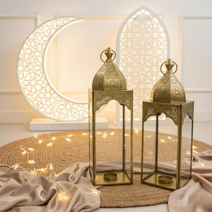 Set of 2 Arabic Ramadan Lanterns Gold Metal & Clear Glass