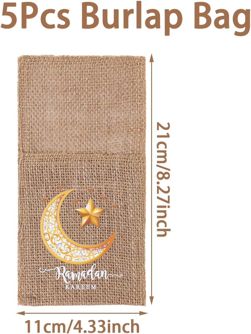 5 قطع من حقائب أدوات المائدة المصنوعة من الخيش والدانتيل الرمضاني الكريم