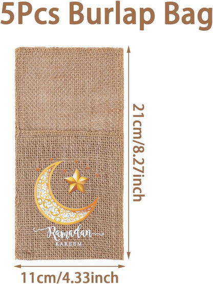 5 قطع من حقائب أدوات المائدة المصنوعة من الخيش والدانتيل الرمضاني الكريم