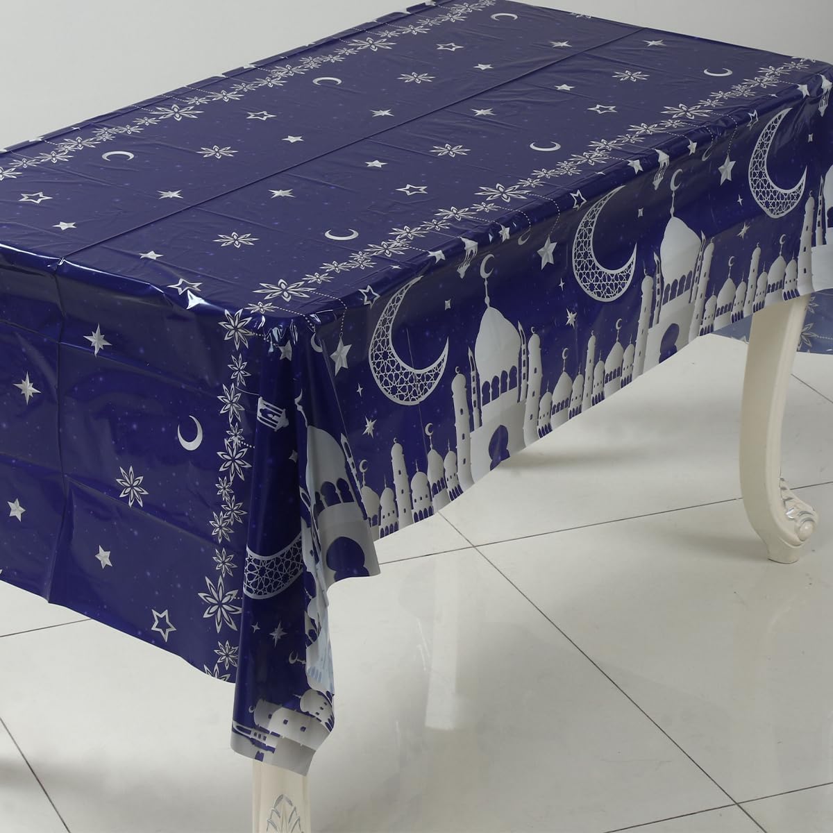 1 Pack Ramadan Mubarak Tablecloth, Blue Silver