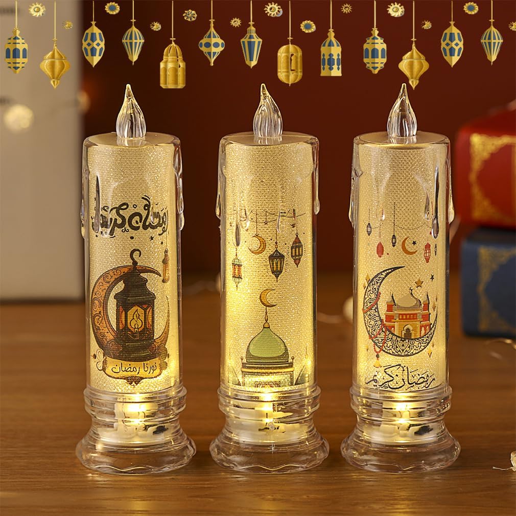 Aowin 3 Pcs Eid Mubarak Flameless Candles Light