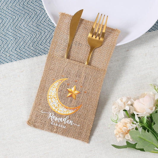 5 Pcs Ramadan Kareem Burlap Lace Cutlery Bag