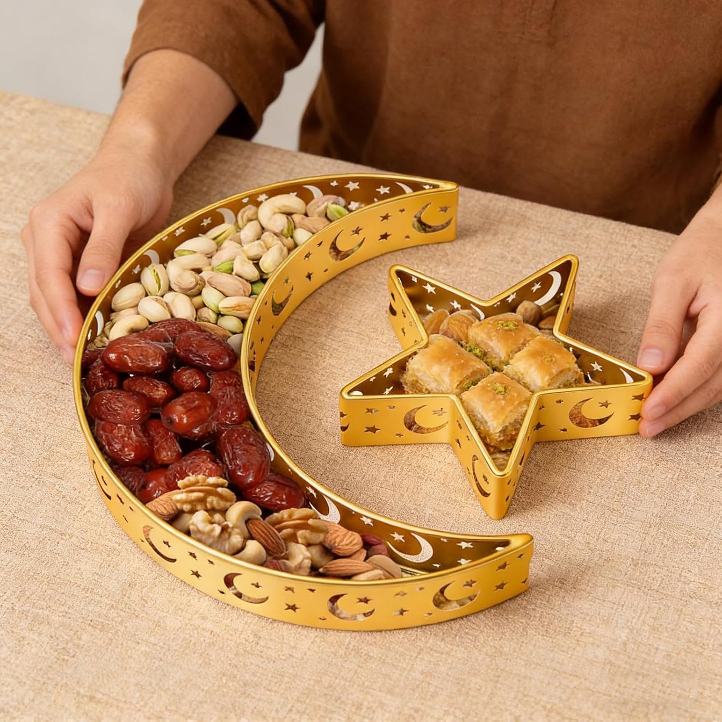 Gold Ramadan Decorative Trays, Ramadan Star and Moon Tray, 3PCS