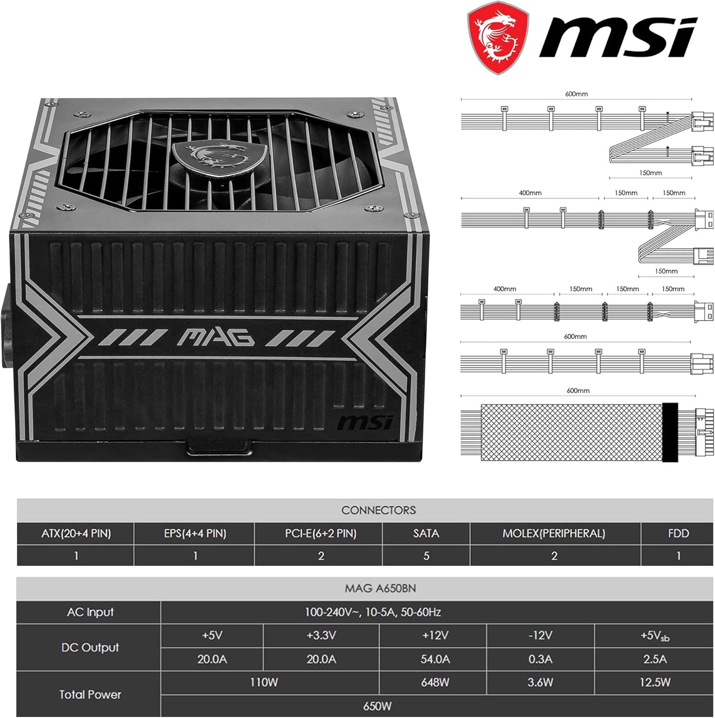 MSI MAG A650BN 650W 80+ Bronze Power Supply