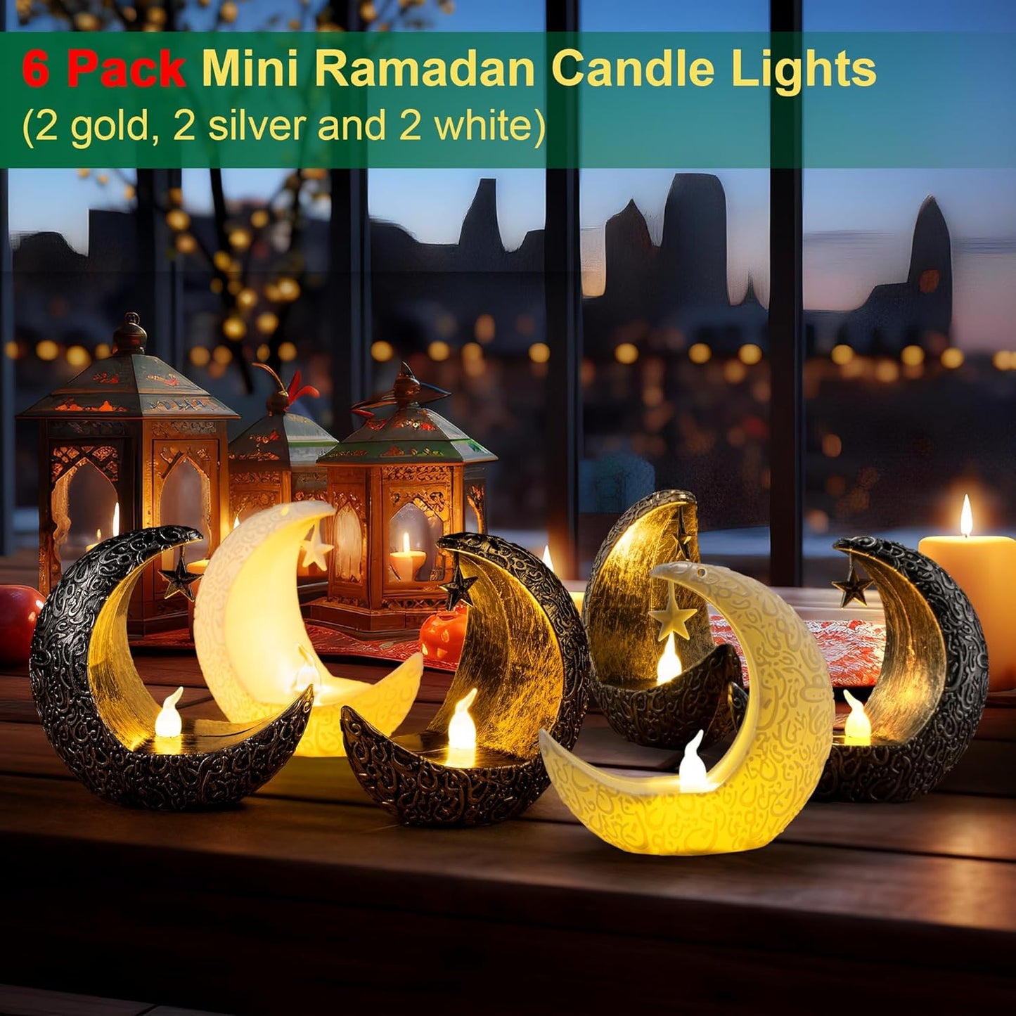 ٦ فوانيس شموع رمضانية مضيئة بتقنية LED، عيد مبارك