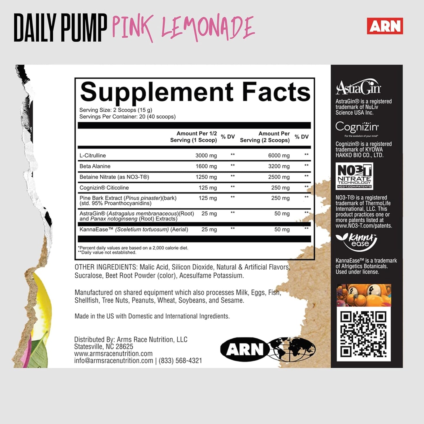 Arms Race Nutrition | RNA | Daily Pump مكمل غذائي قبل التمرين خالٍ من المنبهات (20 حصة، بنكهة الليمون الوردي)