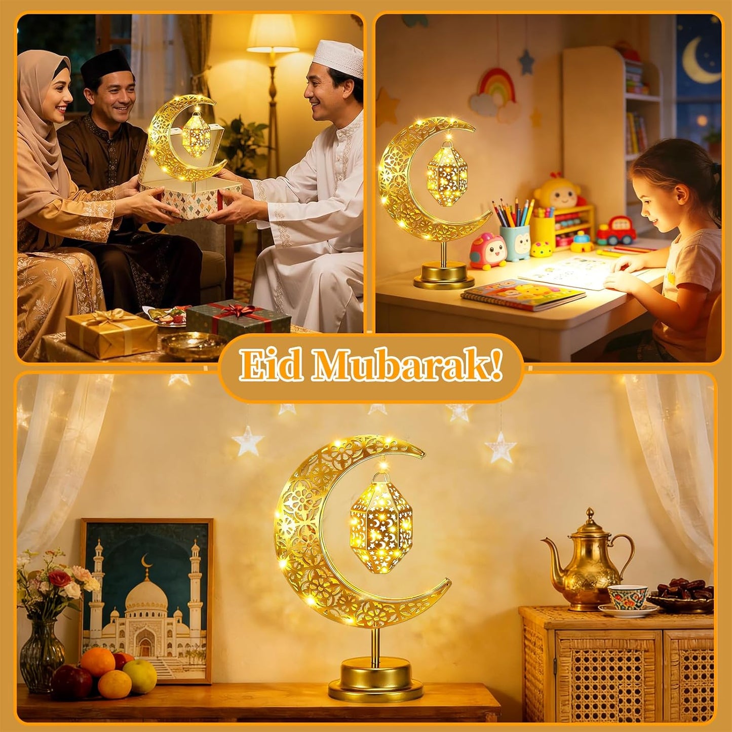 Ramadan Lights, Battery Operated Table Lamp with Crescent Moon Design,