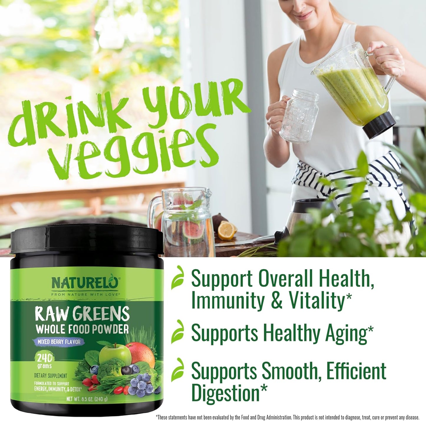 NATURELO Raw Greens Superfood Powder 240 Grams