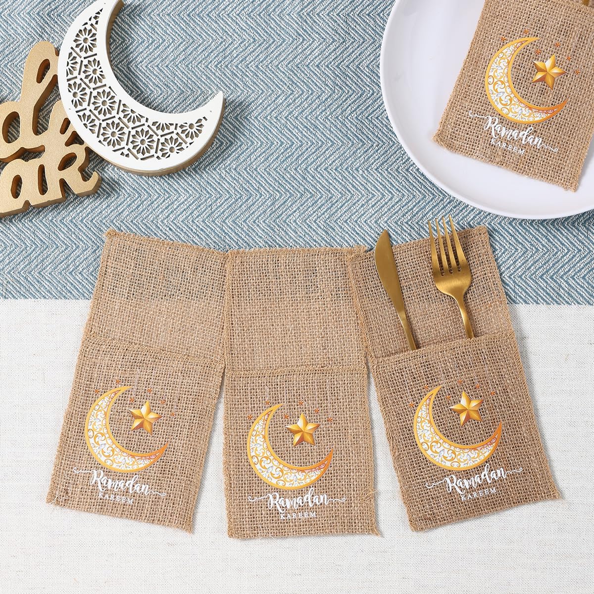 5 قطع من حقائب أدوات المائدة المصنوعة من الخيش والدانتيل الرمضاني الكريم