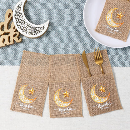 5 قطع من حقائب أدوات المائدة المصنوعة من الخيش والدانتيل الرمضاني الكريم